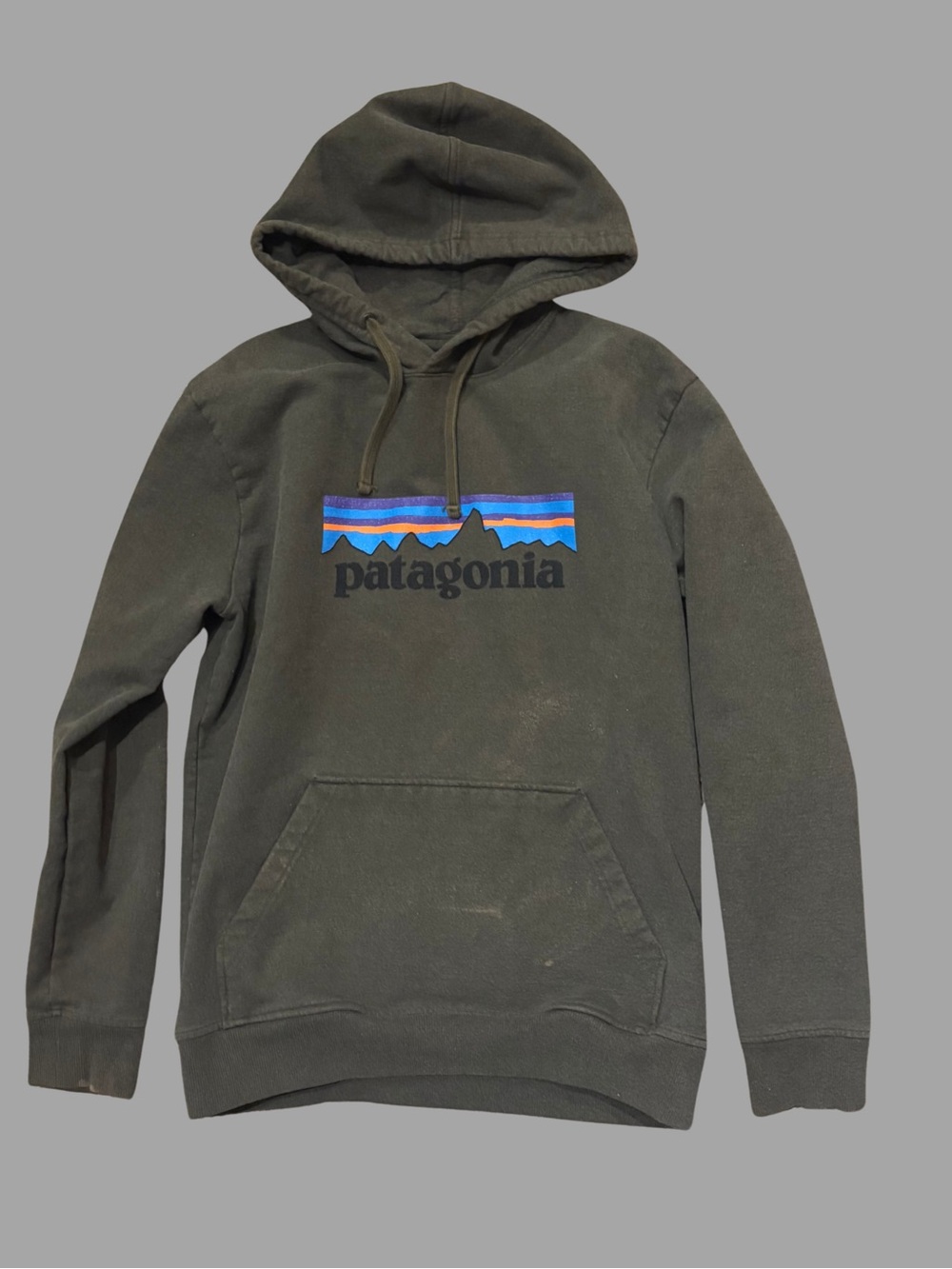Patagonia Olive Green Pullover Hoodie with Multicolor Logo